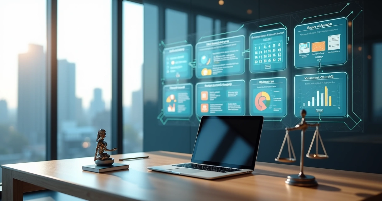 Painel digital mostrando automação de tarefas em escritório jurídico moderno